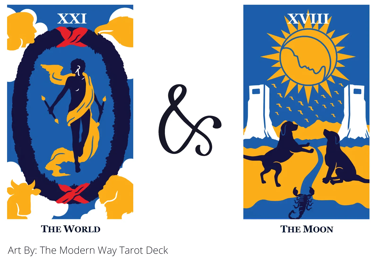 the world and the moon tarot cards together