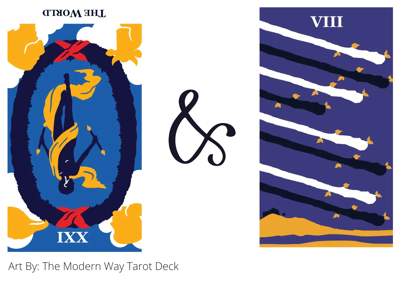 the world reversed and eight of wands tarot cards together