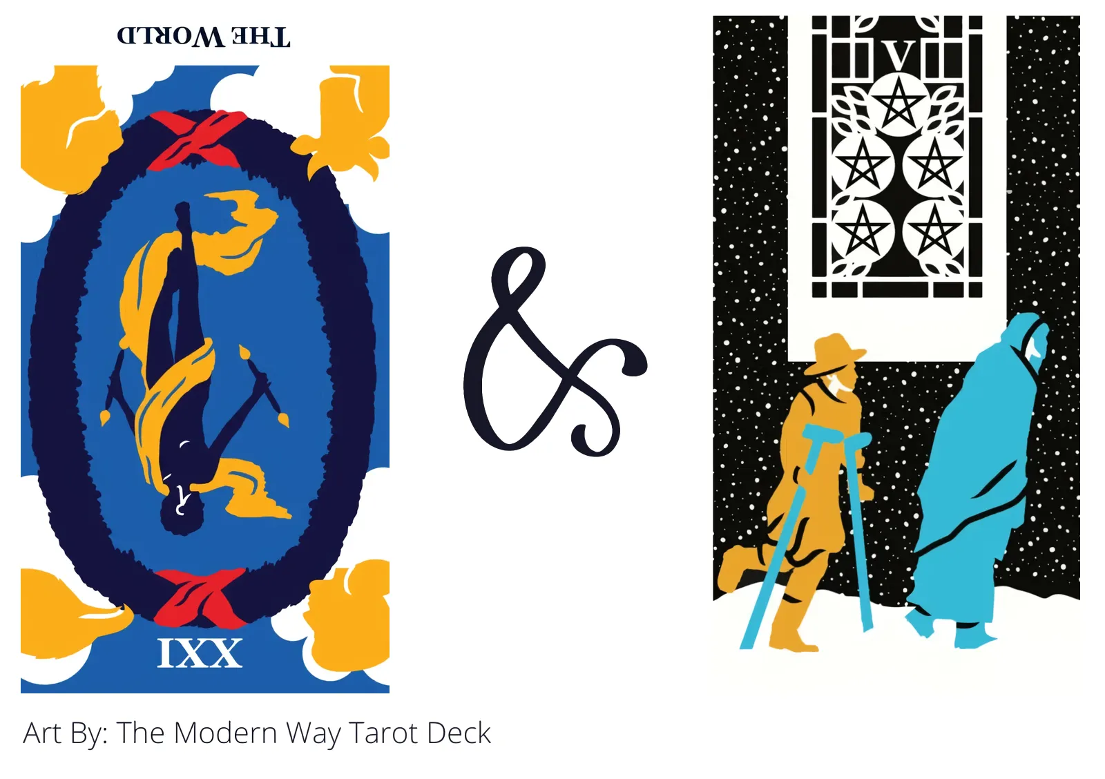 the world reversed and five of pentacles tarot cards together