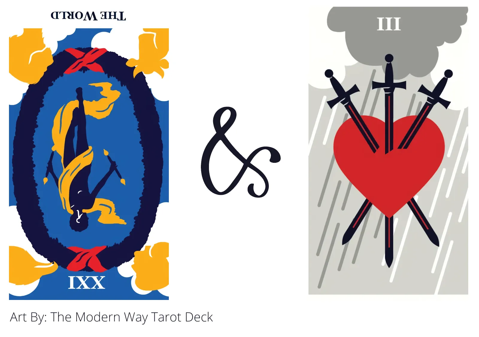 the world reversed and three of swords tarot cards together