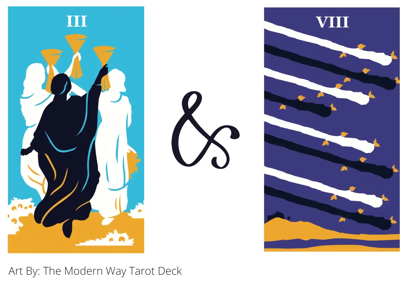 three of cups and eight of wands tarot cards together