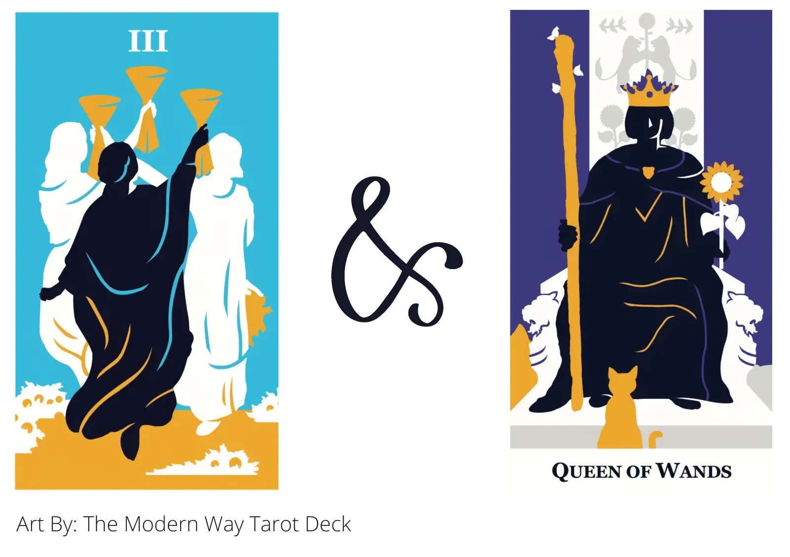 three of cups and queen of wands tarot cards together