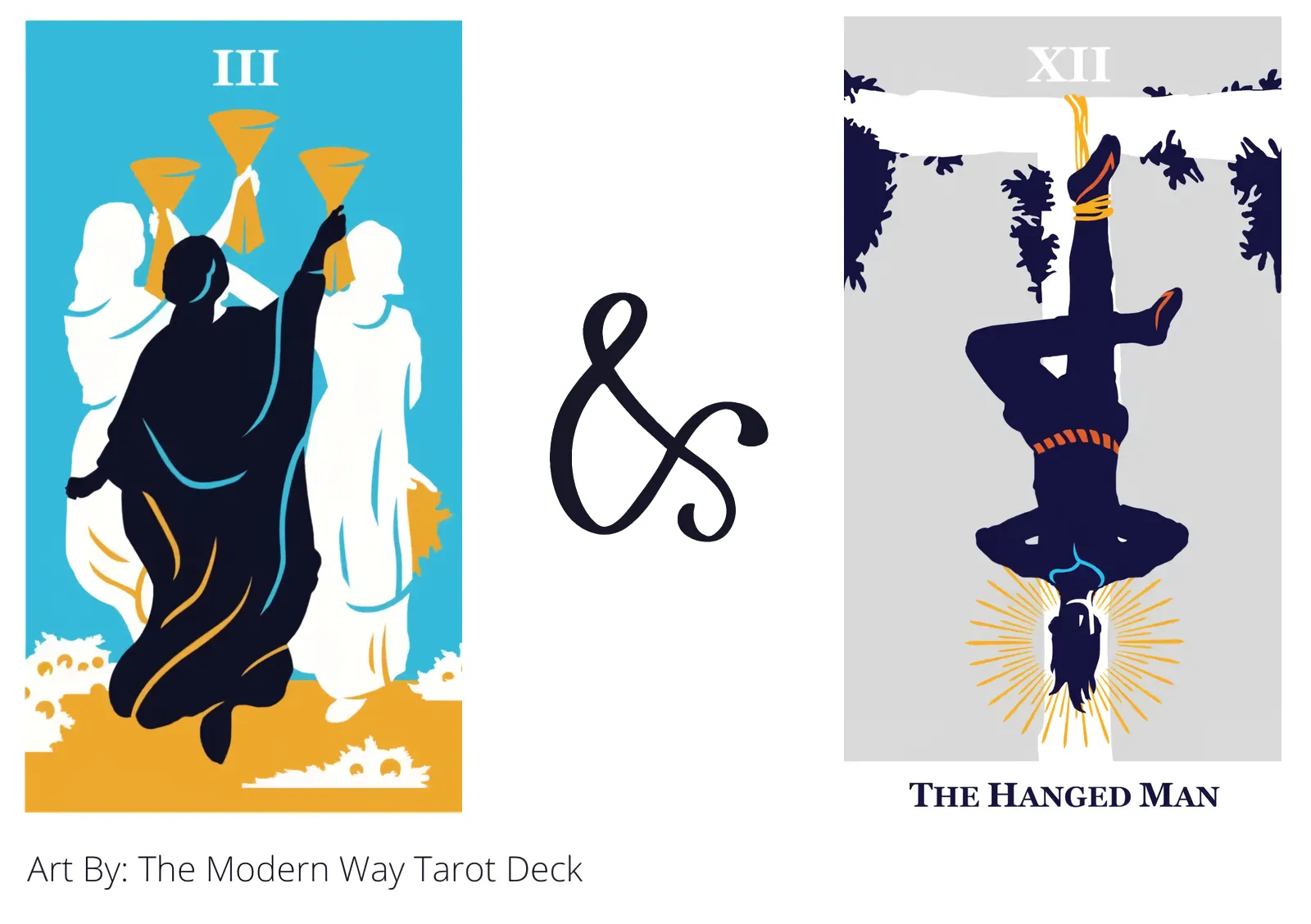 three of cups and the hanged man tarot cards together