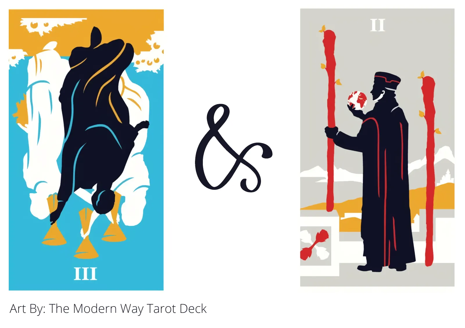 three of cups reversed and two of wands tarot cards together