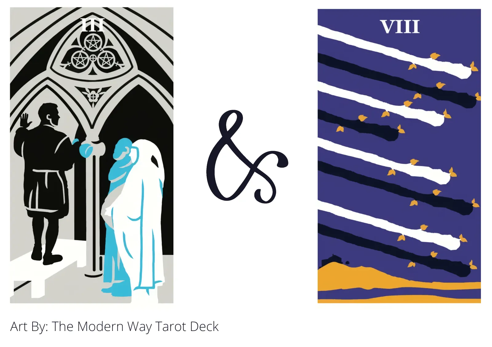 three of pentacles and eight of wands tarot cards together