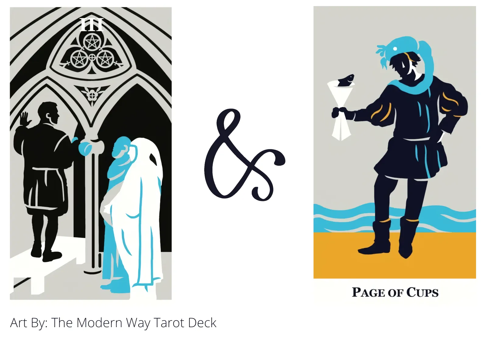 three of pentacles and page of cups tarot cards together