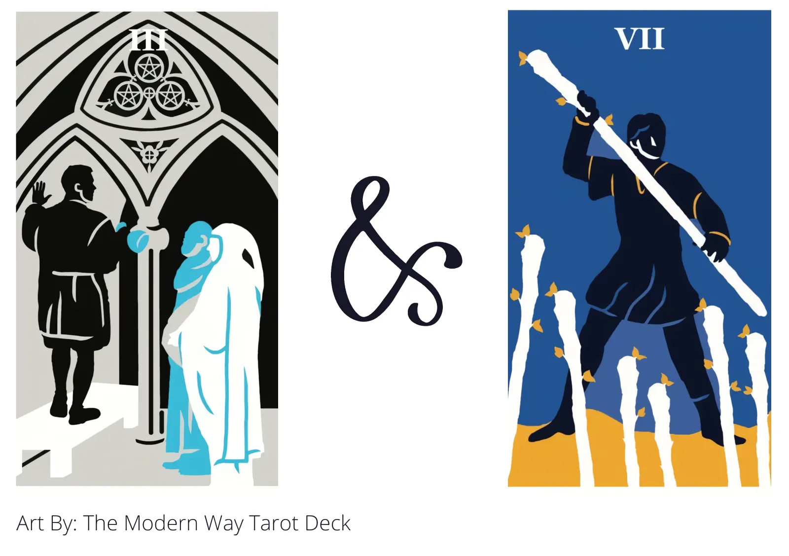 three of pentacles and seven of wands tarot cards together