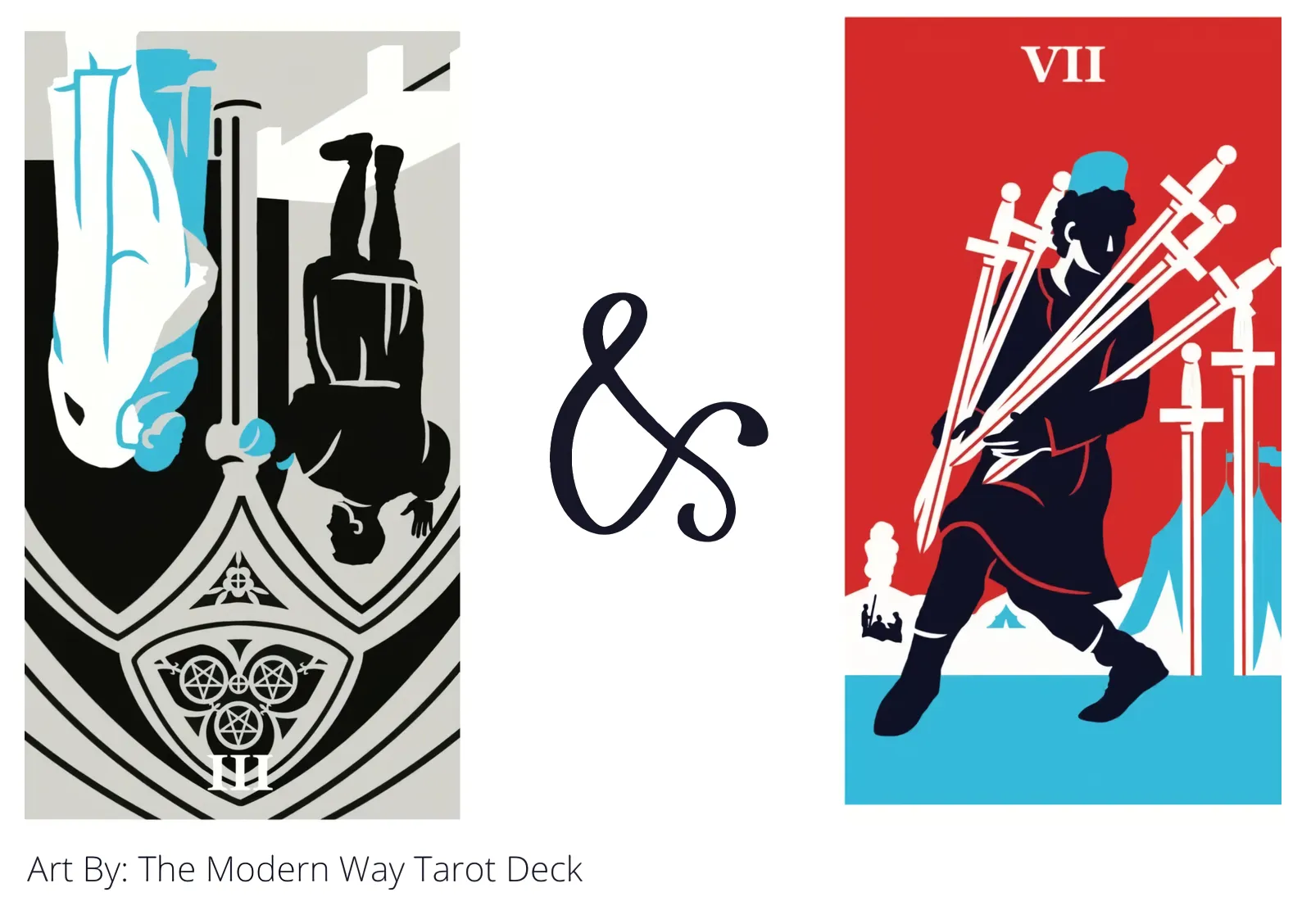 three of pentacles reversed and seven of swords tarot cards together