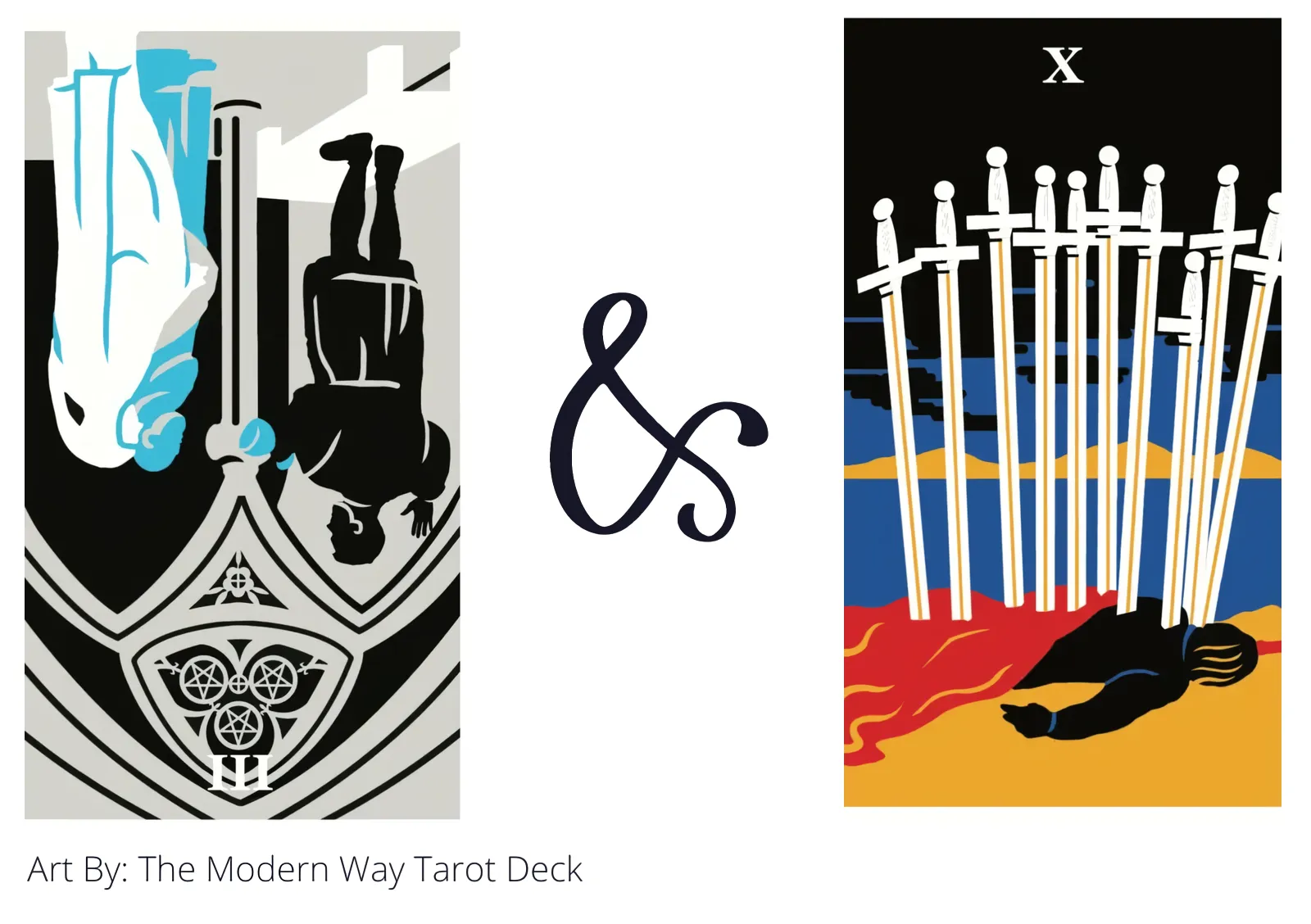 three of pentacles reversed and ten of swords tarot cards together