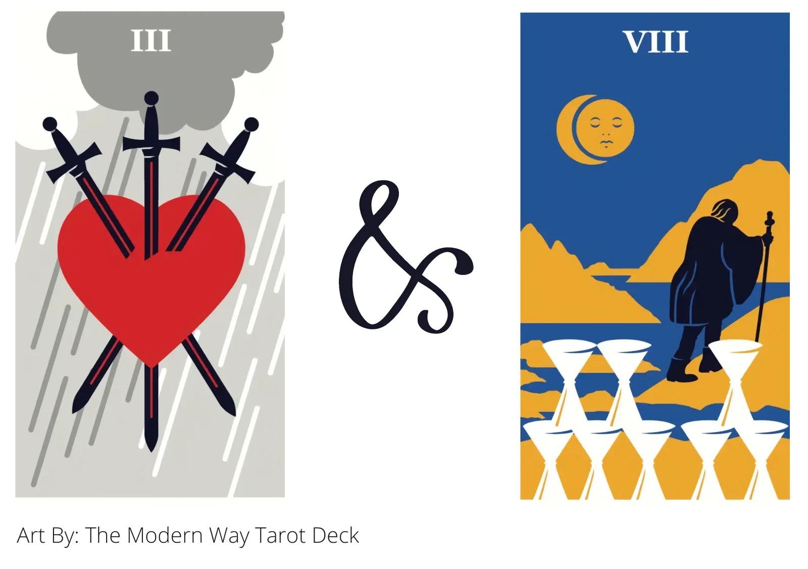 three of swords and eight of cups tarot cards together