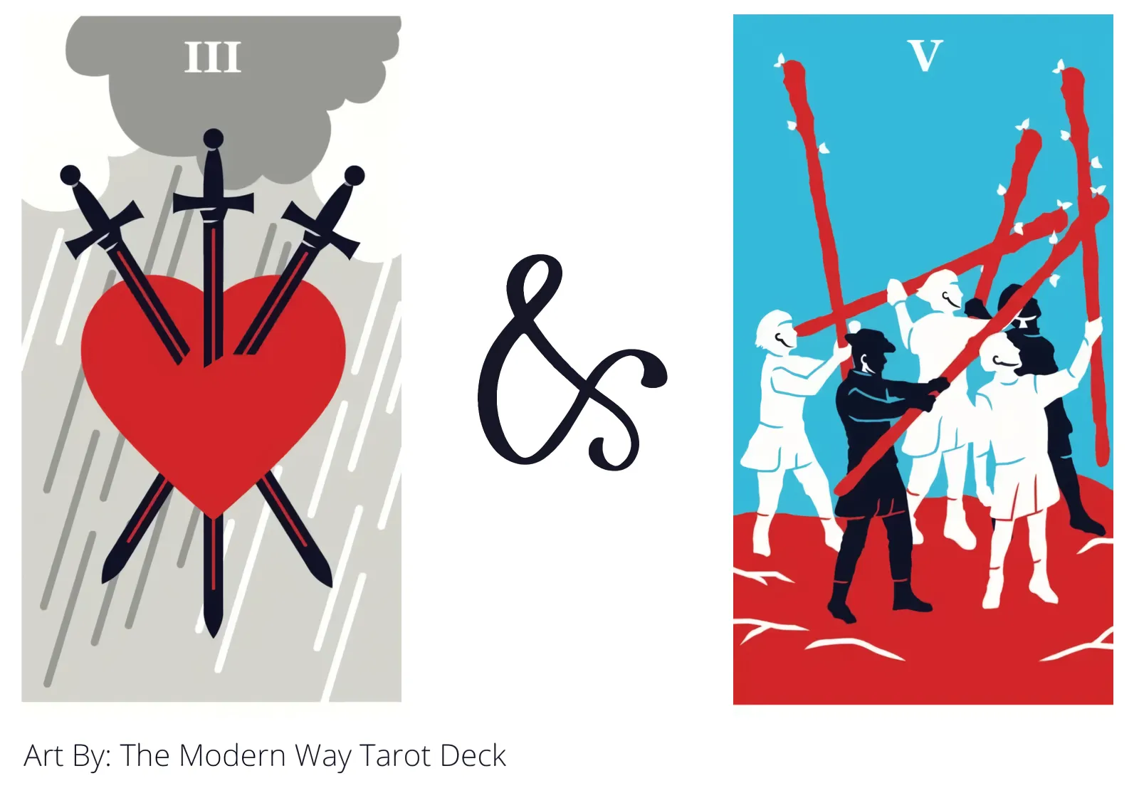 three of swords and five of wands tarot cards together