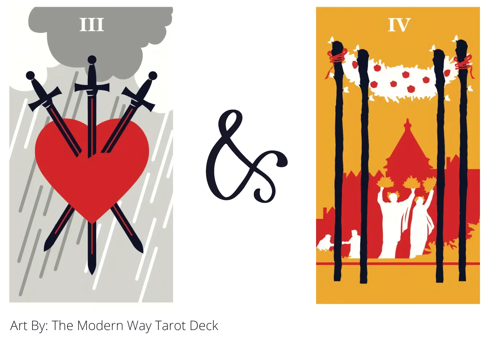 three of swords and four of wands tarot cards together