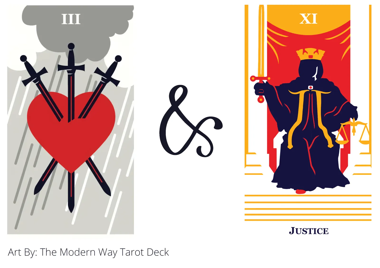 three of swords and justice tarot cards together