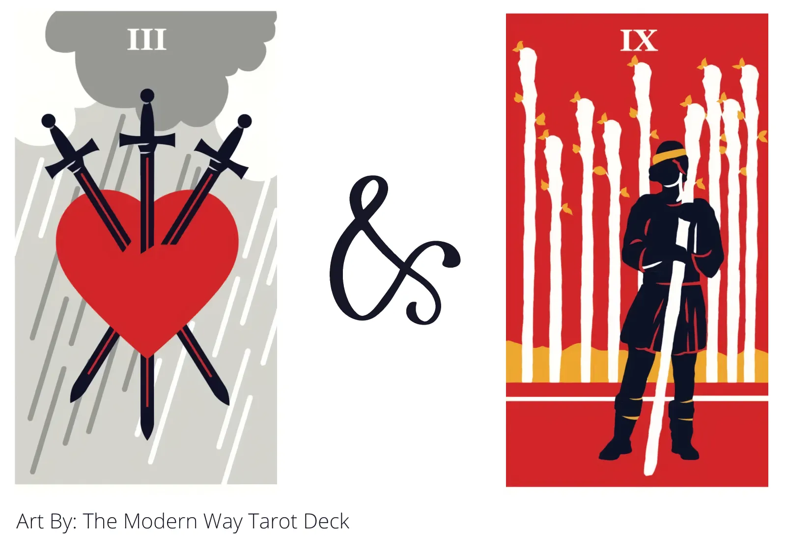 three of swords and nine of wands tarot cards together