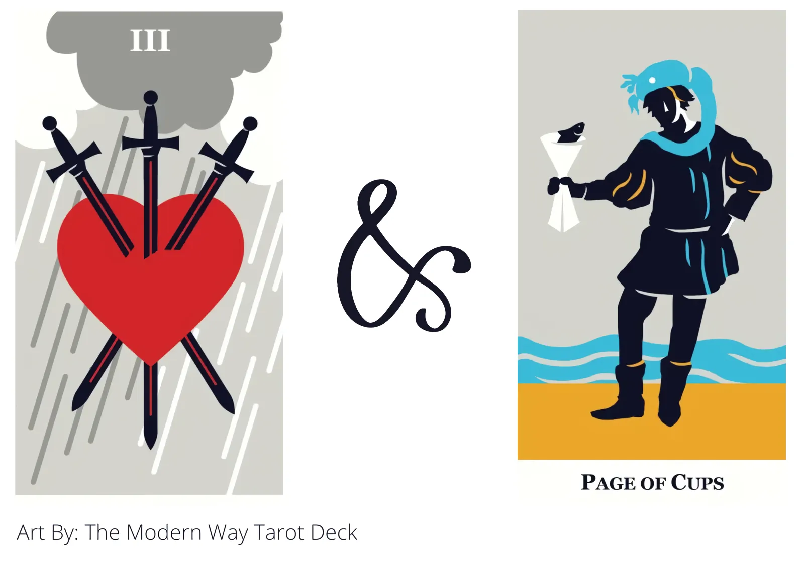 three of swords and page of cups tarot cards together