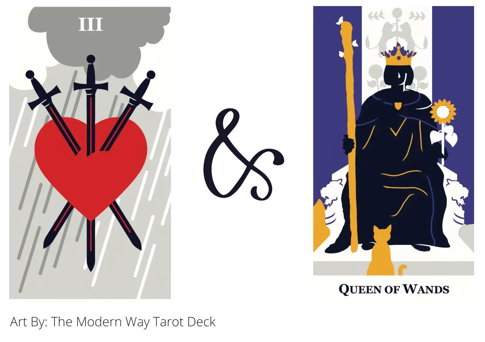 three of swords and queen of wands tarot cards together