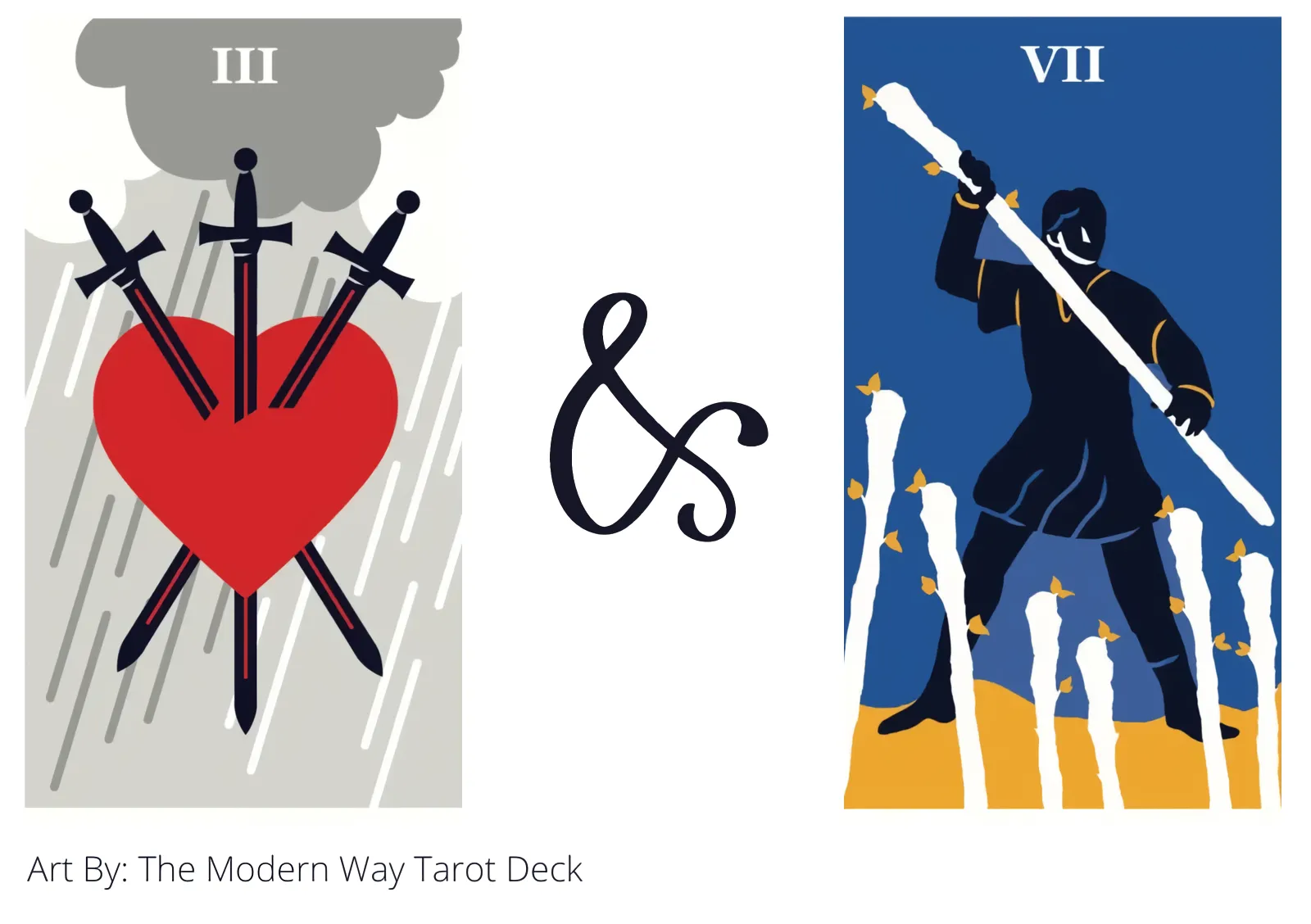 three of swords and seven of wands tarot cards together