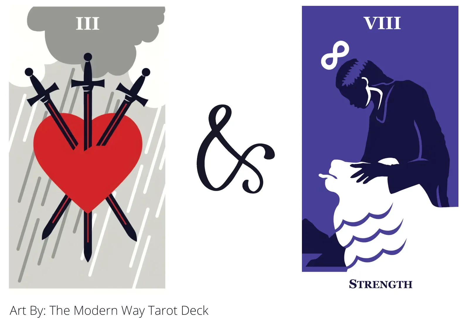 three of swords and strength tarot cards together