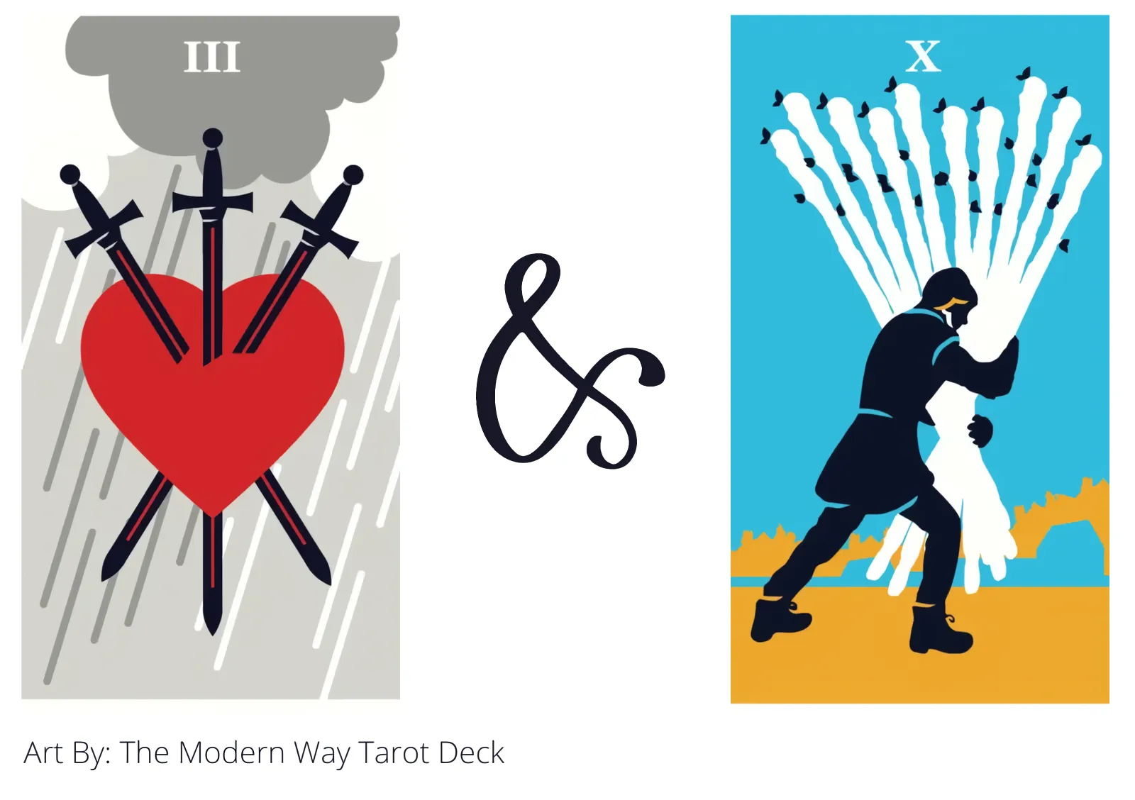 three of swords and ten of wands tarot cards together