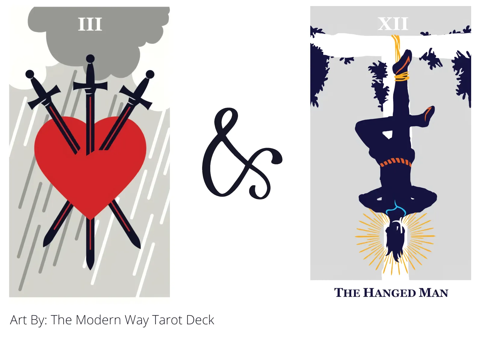 three of swords and the hanged man tarot cards together