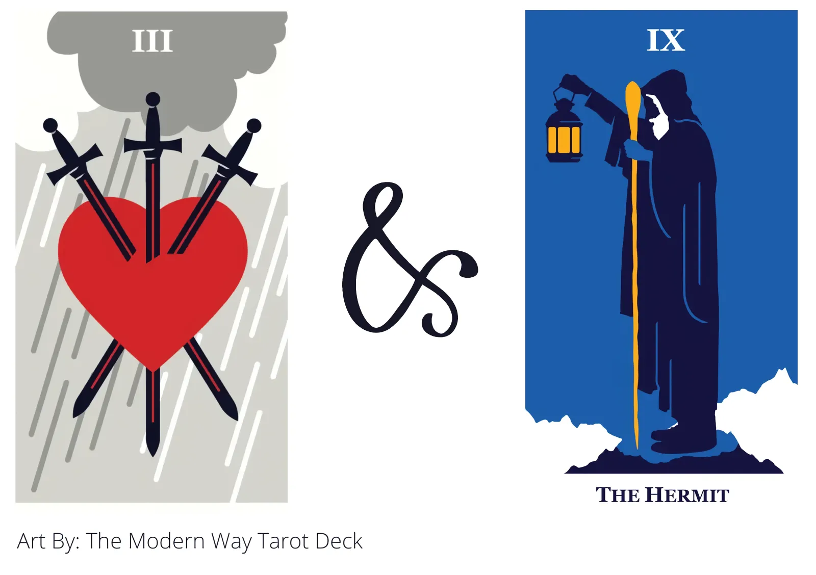 three of swords and the hermit tarot cards together