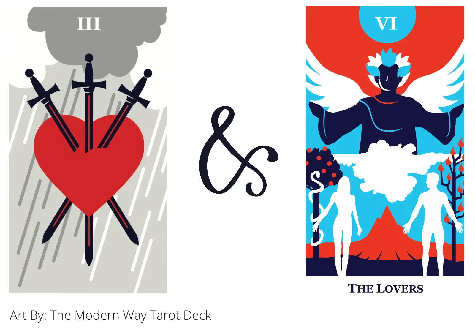 three of swords and the lovers tarot cards together