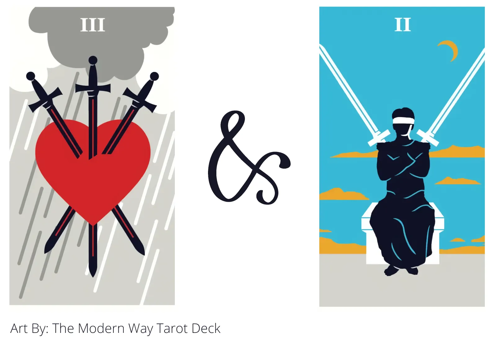 three of swords and two of swords tarot cards together