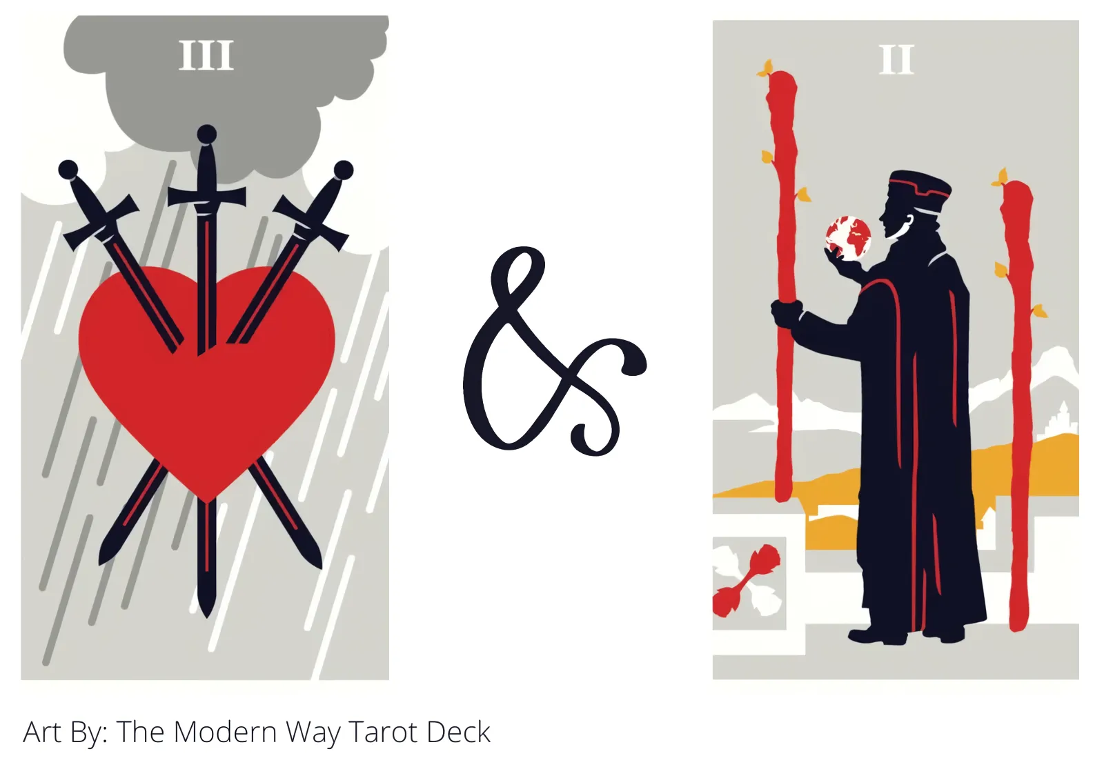 three of swords and two of wands tarot cards together