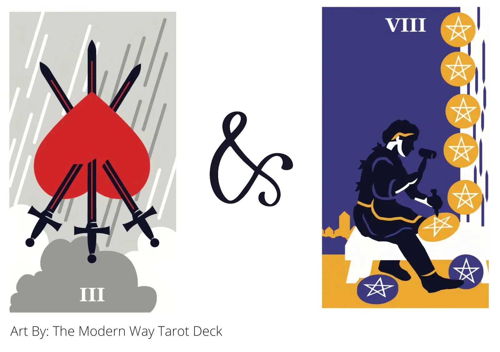 three of swords reversed and eight of pentacles tarot cards together