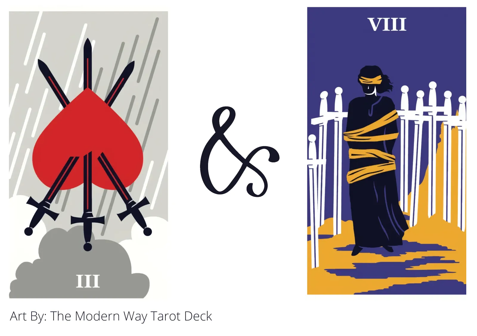 three of swords reversed and eight of swords tarot cards together