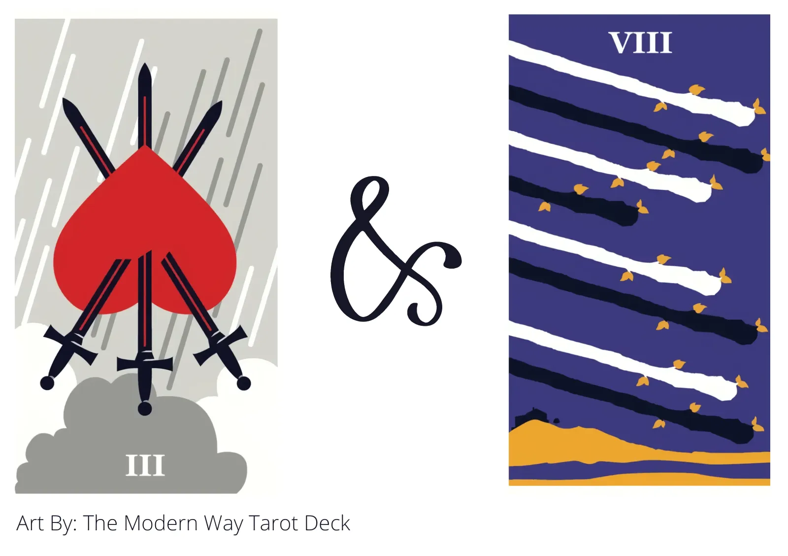 three of swords reversed and eight of wands tarot cards together