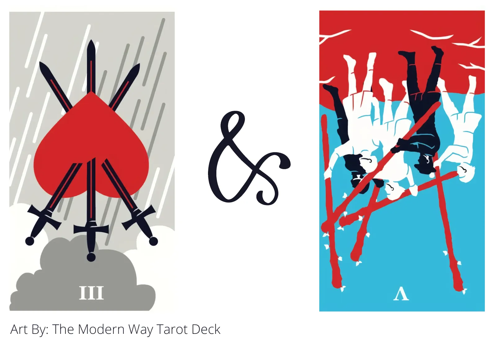 three of swords reversed and five of wands reversed tarot cards together