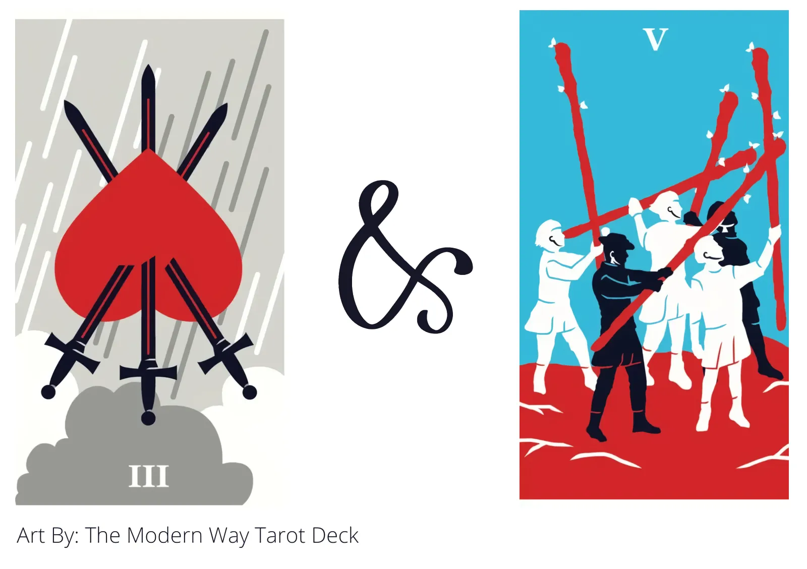 three of swords reversed and five of wands tarot cards together
