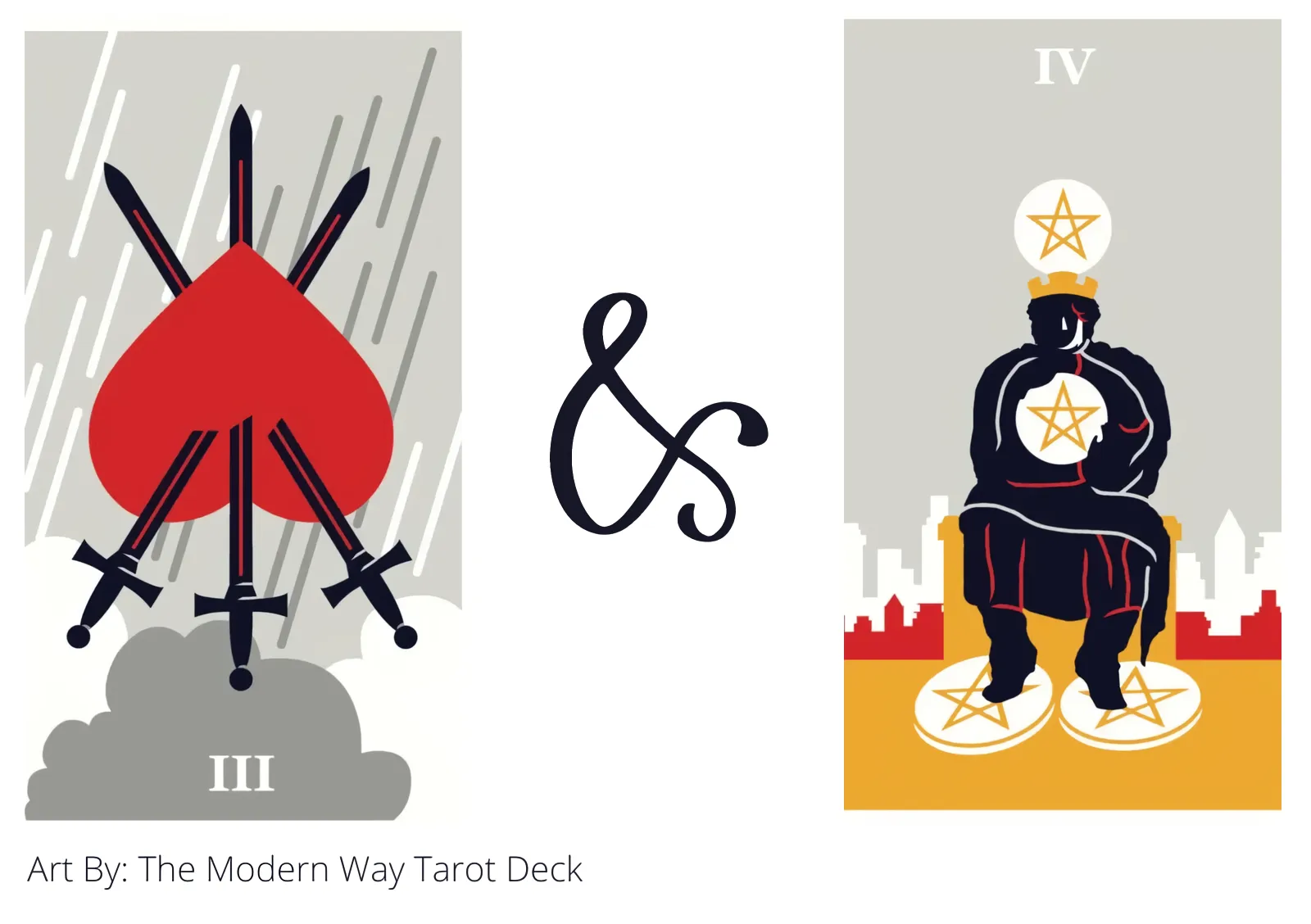three of swords reversed and four of pentacles tarot cards together