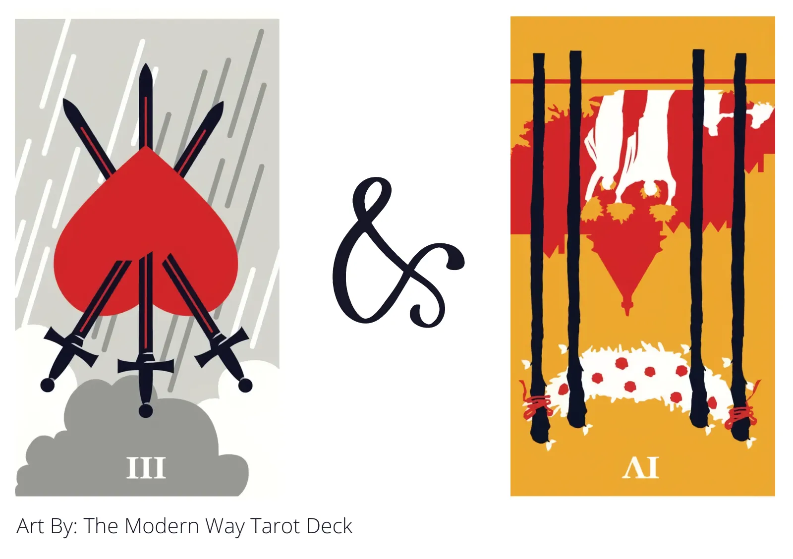 three of swords reversed and four of wands reversed tarot cards together