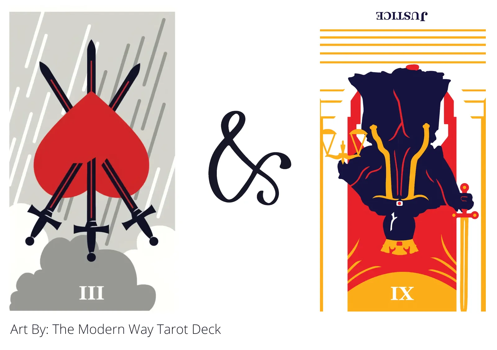 three of swords reversed and justice reversed tarot cards together