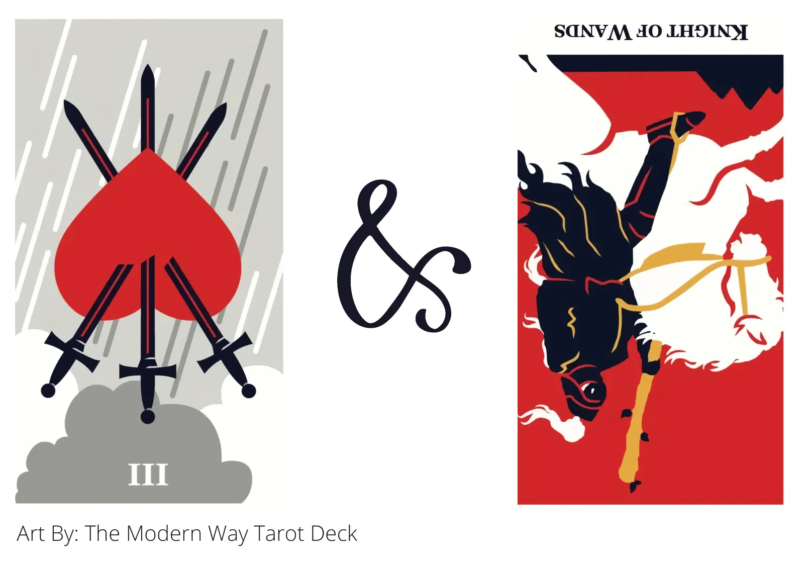 three of swords reversed and knight of wands reversed tarot cards together