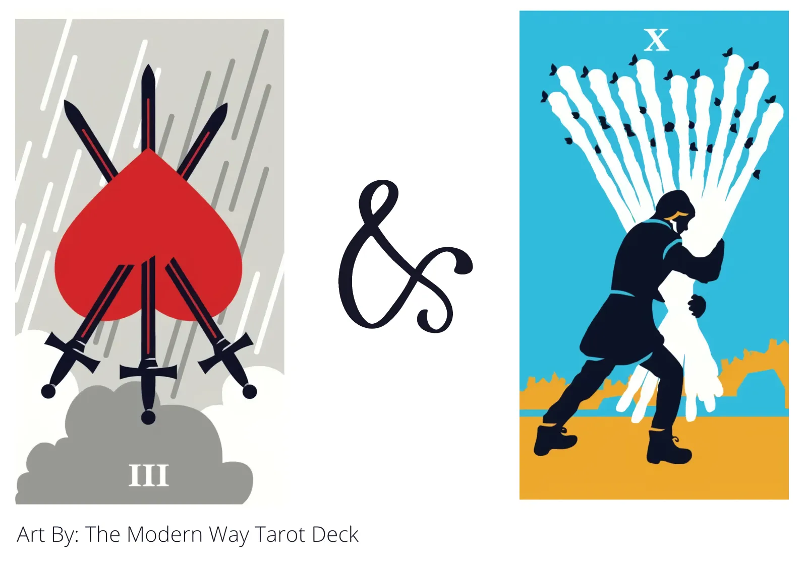 three of swords reversed and ten of wands tarot cards together