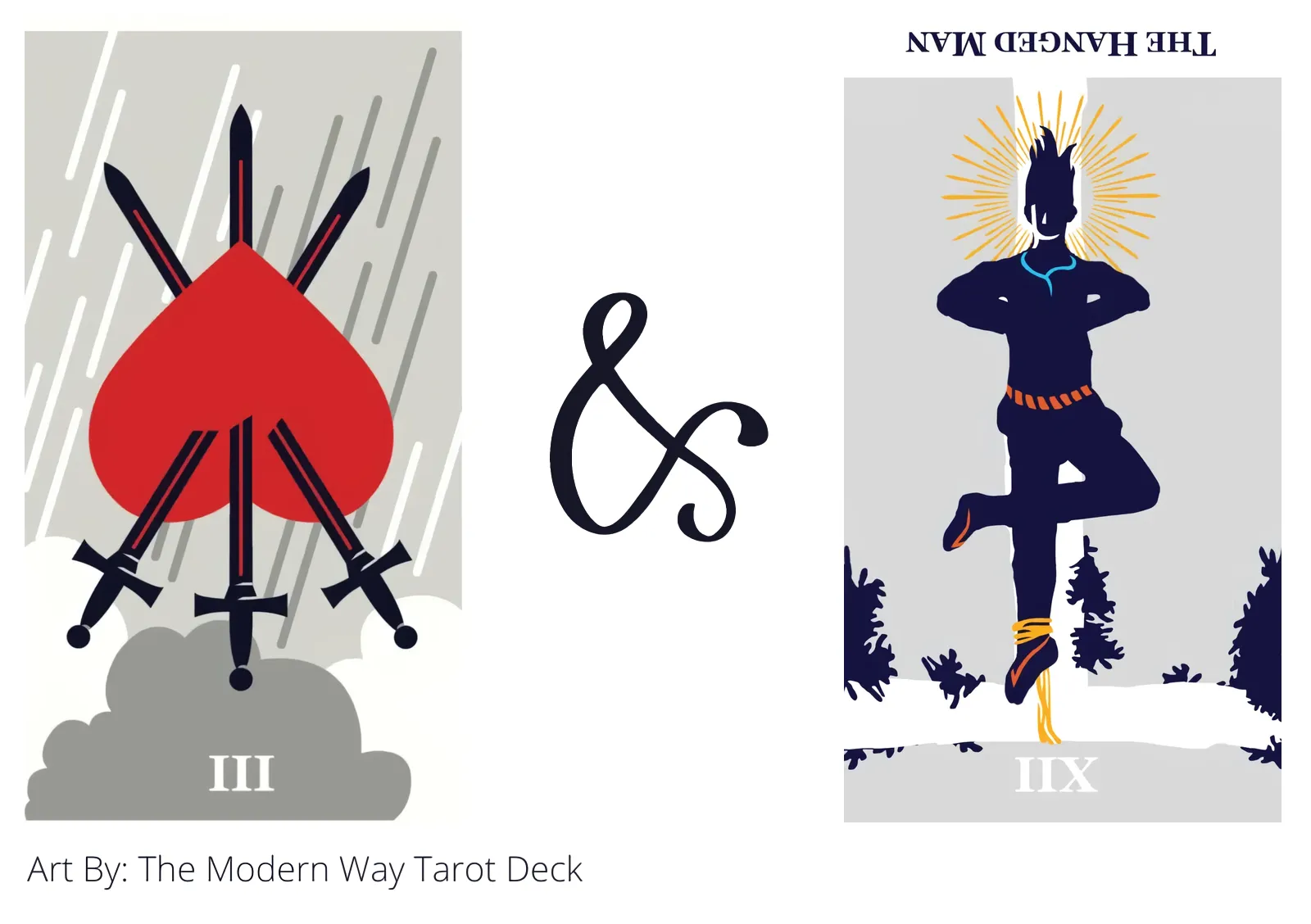 three of swords reversed and the hanged man reversed tarot cards together