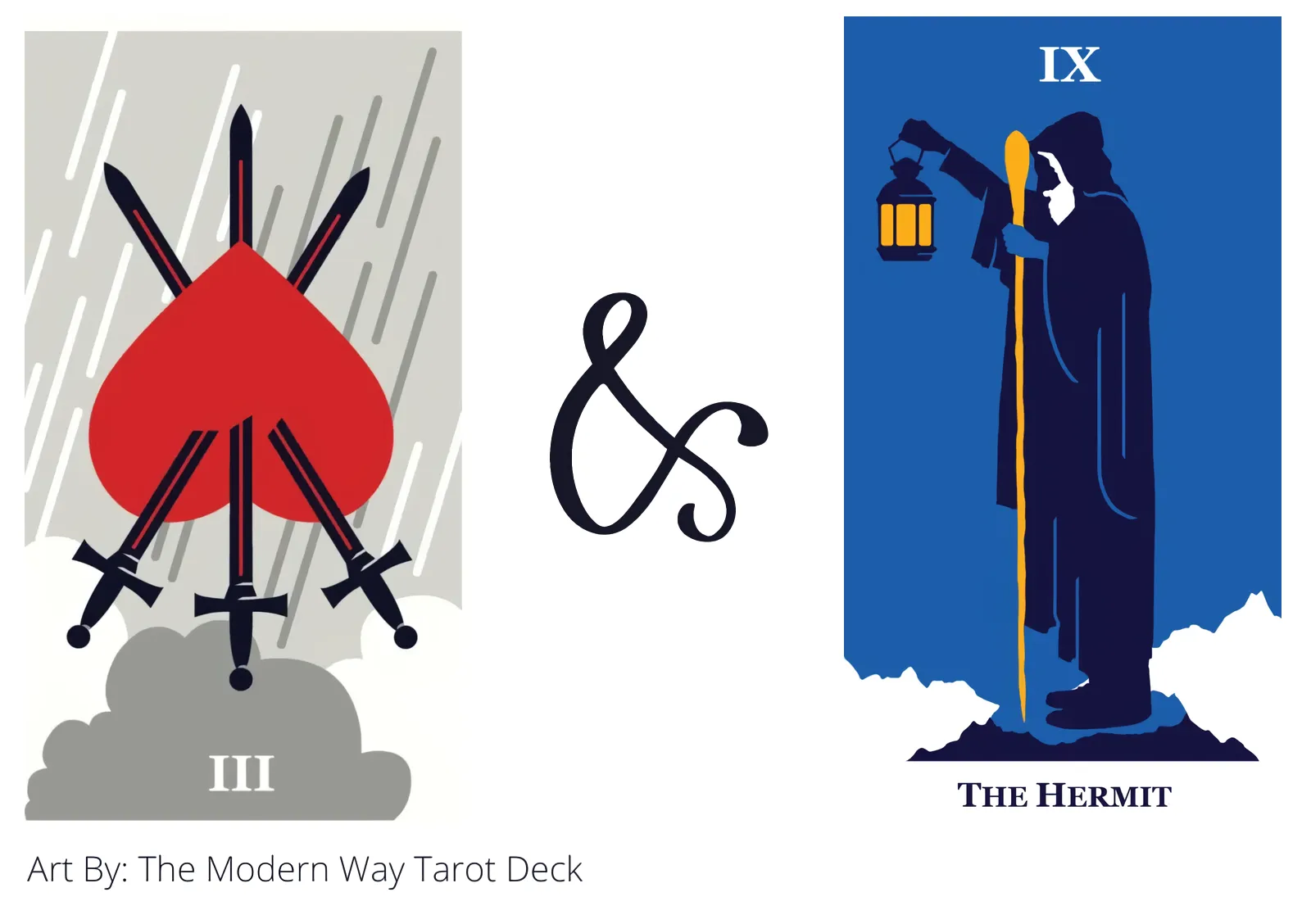 three of swords reversed and the hermit tarot cards together