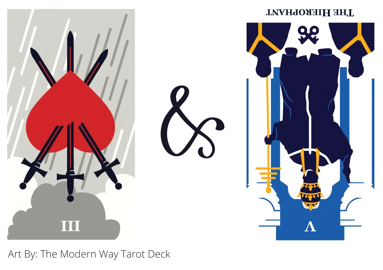 three of swords reversed and the hierophant reversed tarot cards together