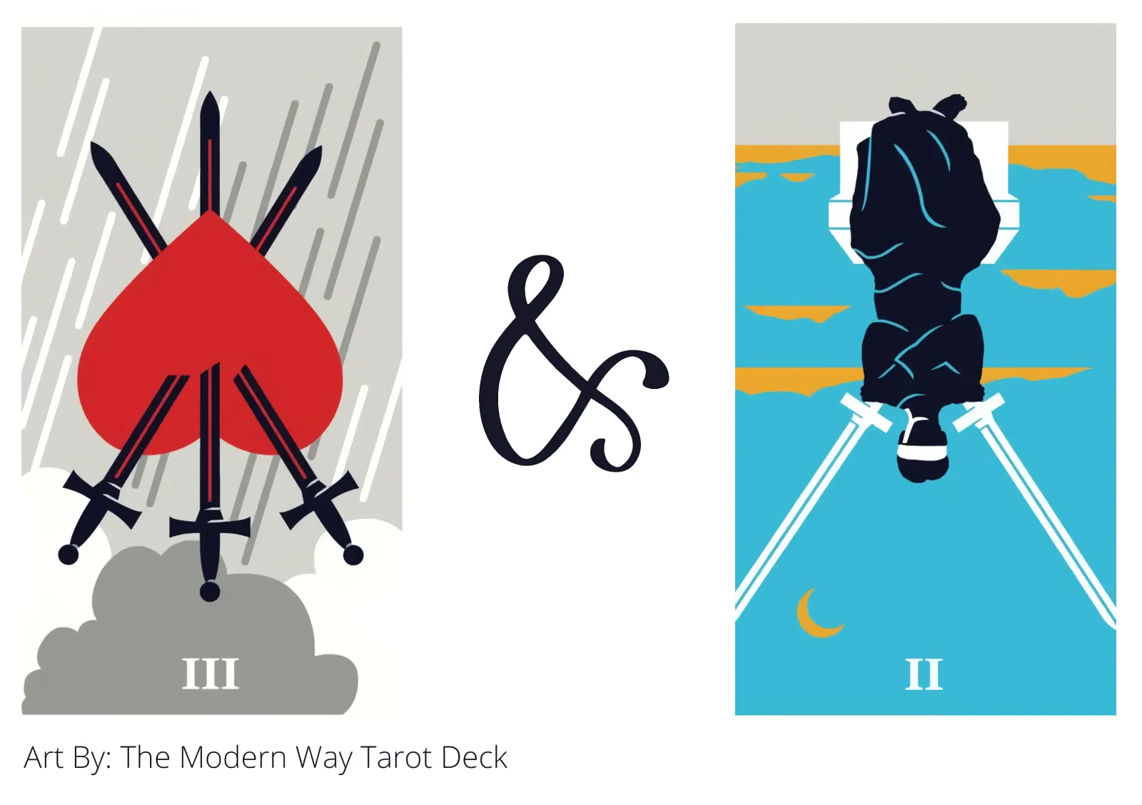 three of swords reversed and two of swords reversed tarot cards together