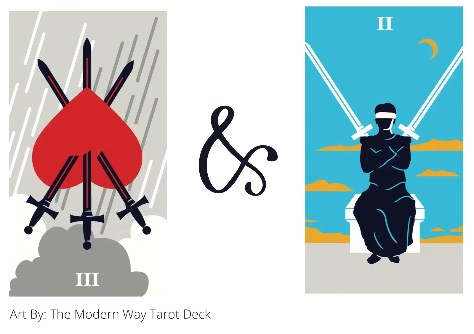 three of swords reversed and two of swords tarot cards together