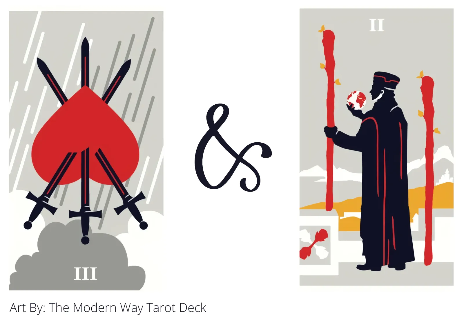 three of swords reversed and two of wands tarot cards together