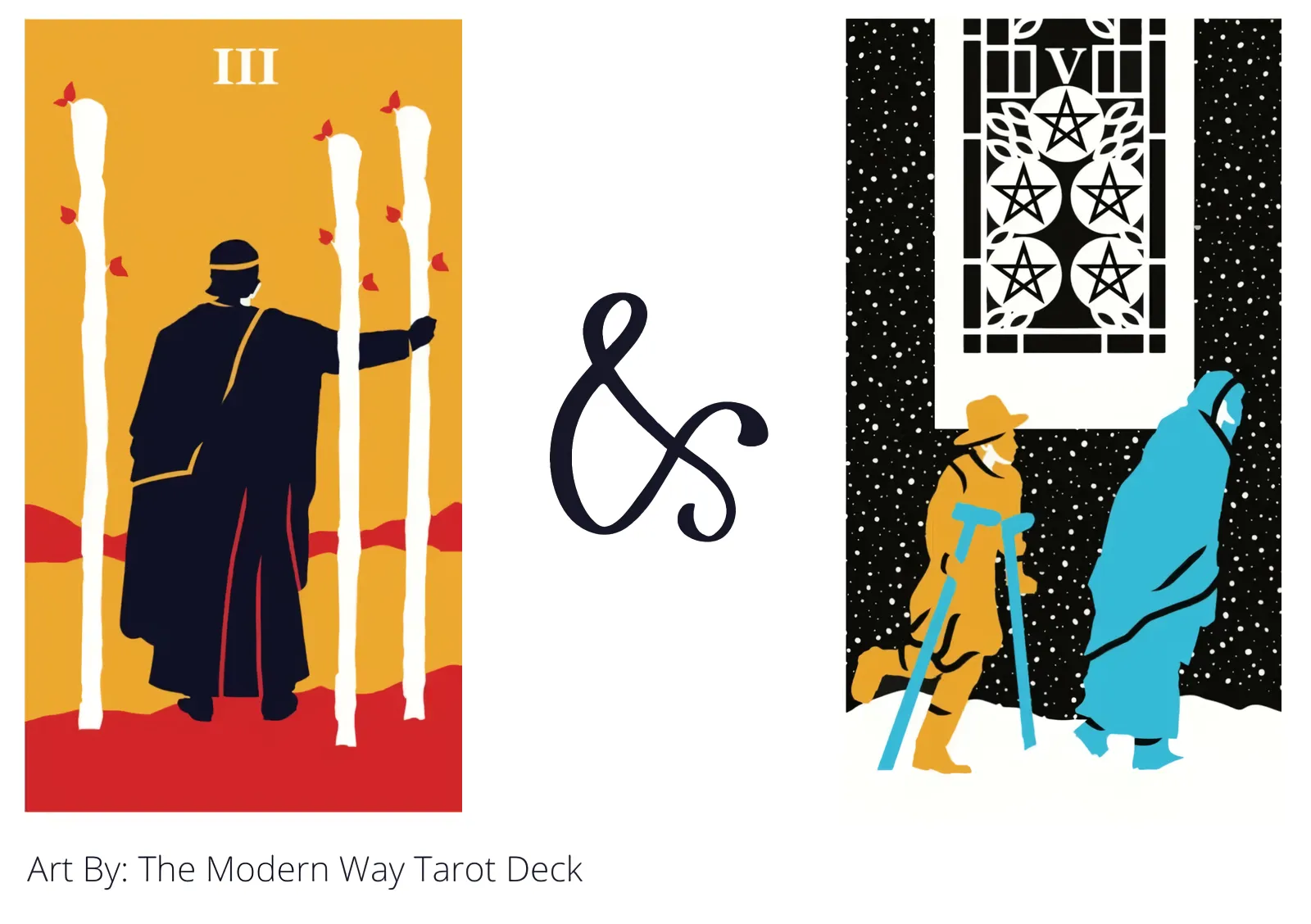 three of wands and five of pentacles tarot cards together