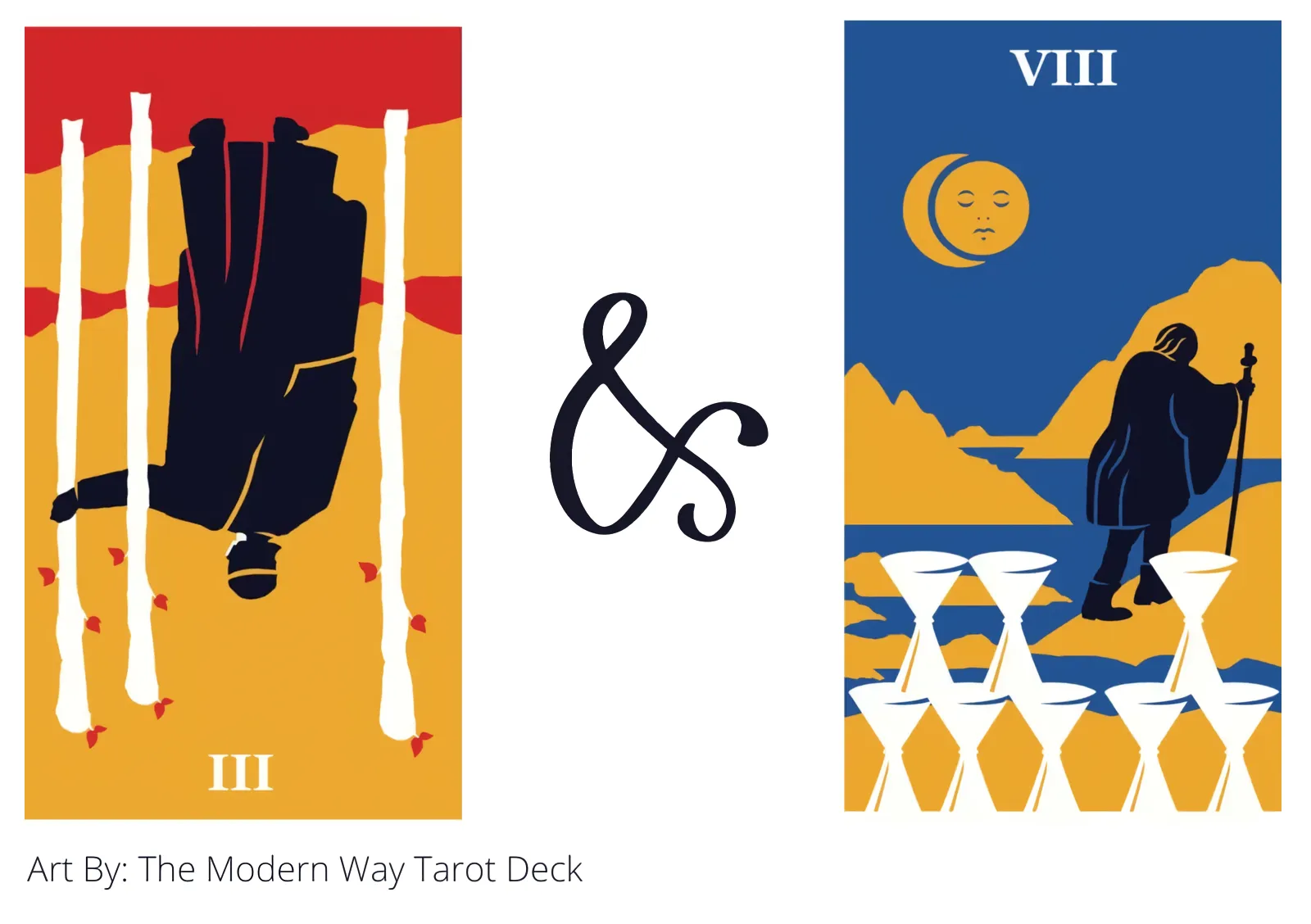 three of wands reversed and eight of cups tarot cards together