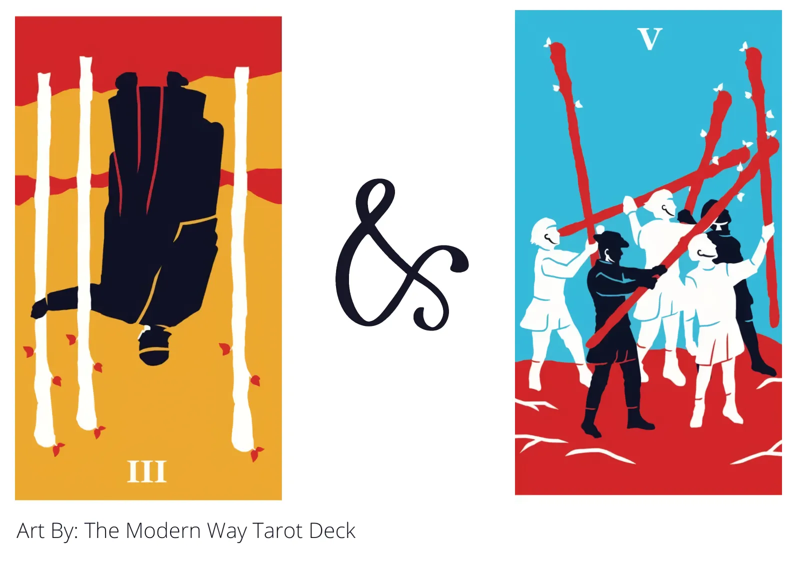 three of wands reversed and five of wands tarot cards together