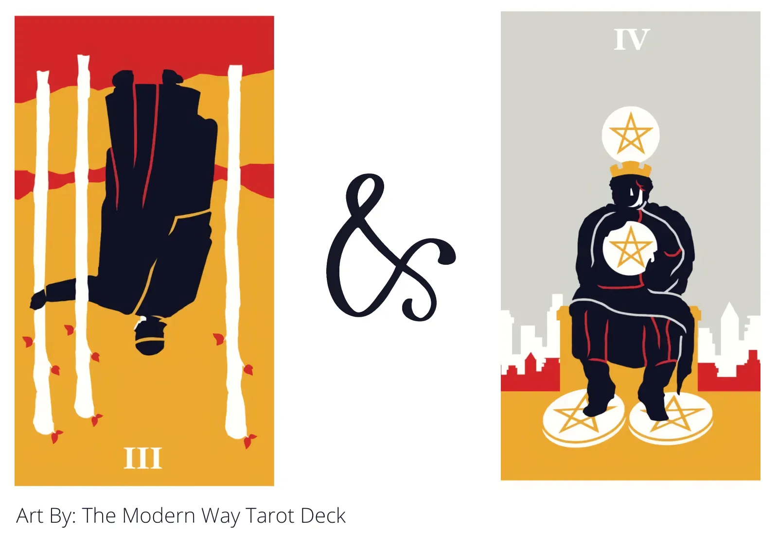 three of wands reversed and four of pentacles tarot cards together