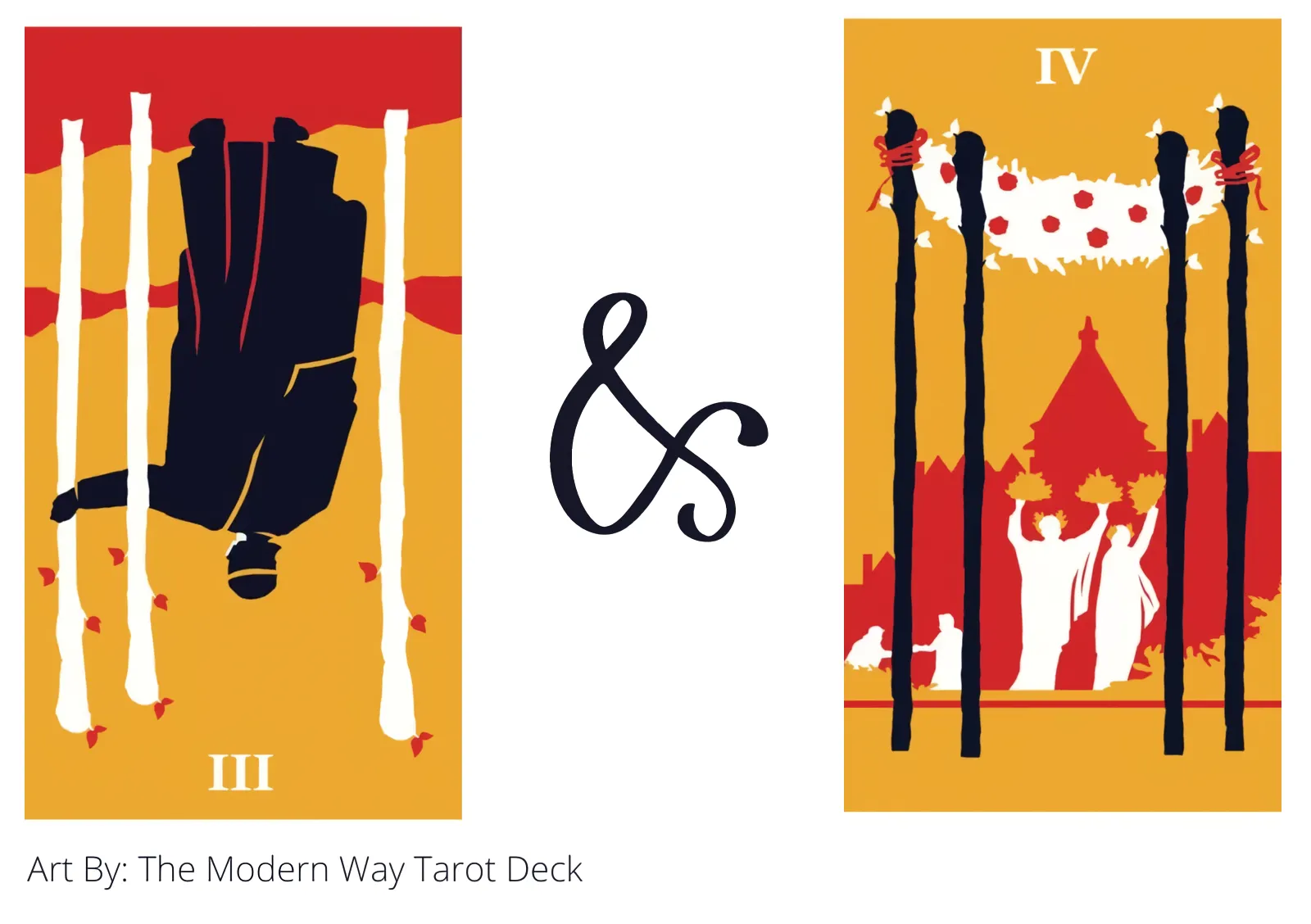 three of wands reversed and four of wands tarot cards together