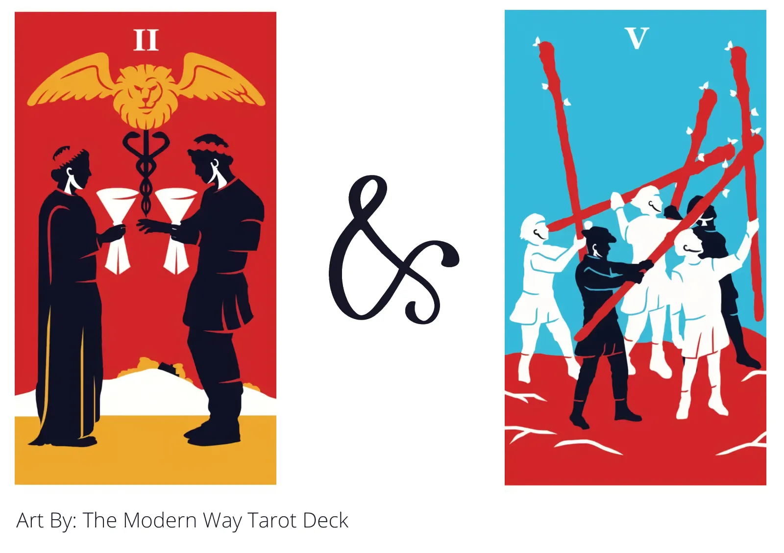 two of cups and five of wands tarot cards together